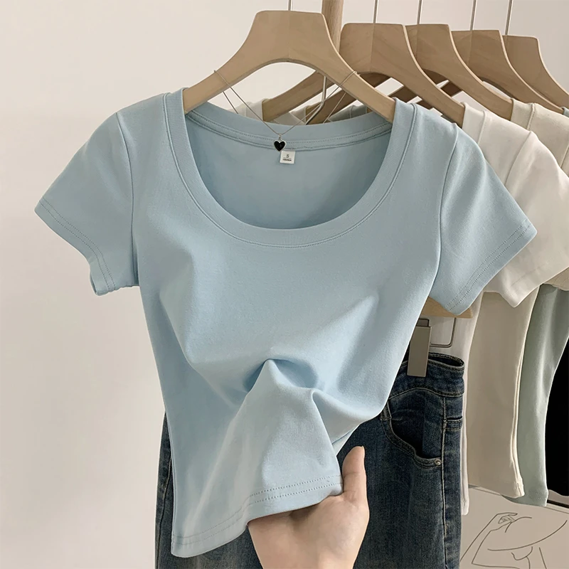 爱雅者多巴胺蓝色显白夏季大领口露锁骨T恤女修身正肩短袖上衣ins