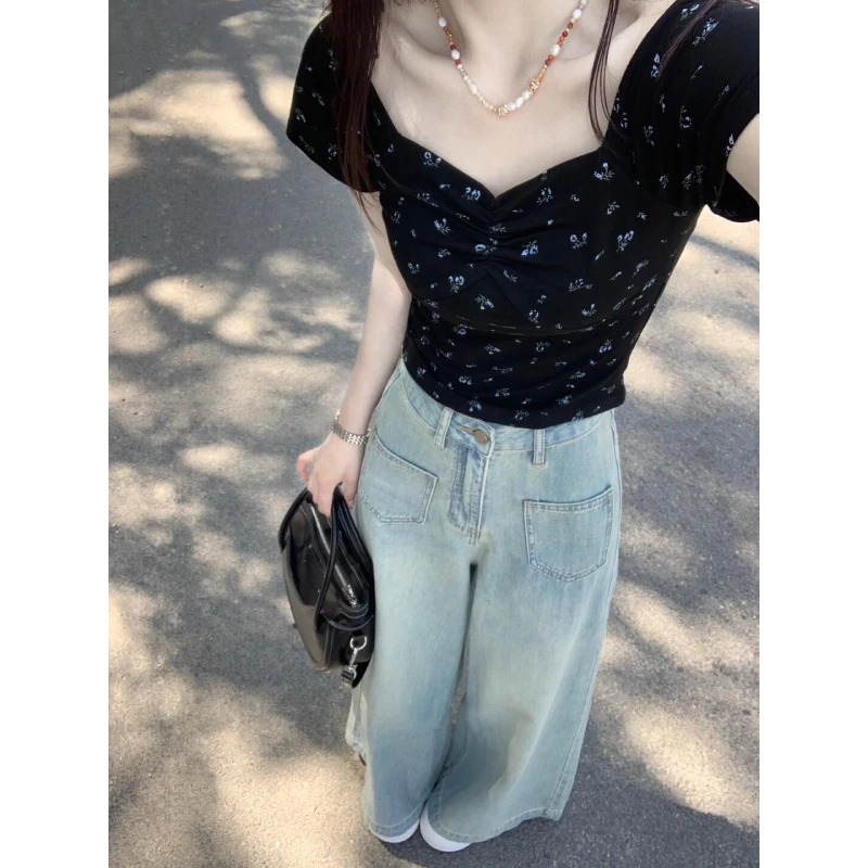 方领露锁骨短袖t恤女2024新款爆款修身显瘦BM风纯欲碎花甜辣上衣1