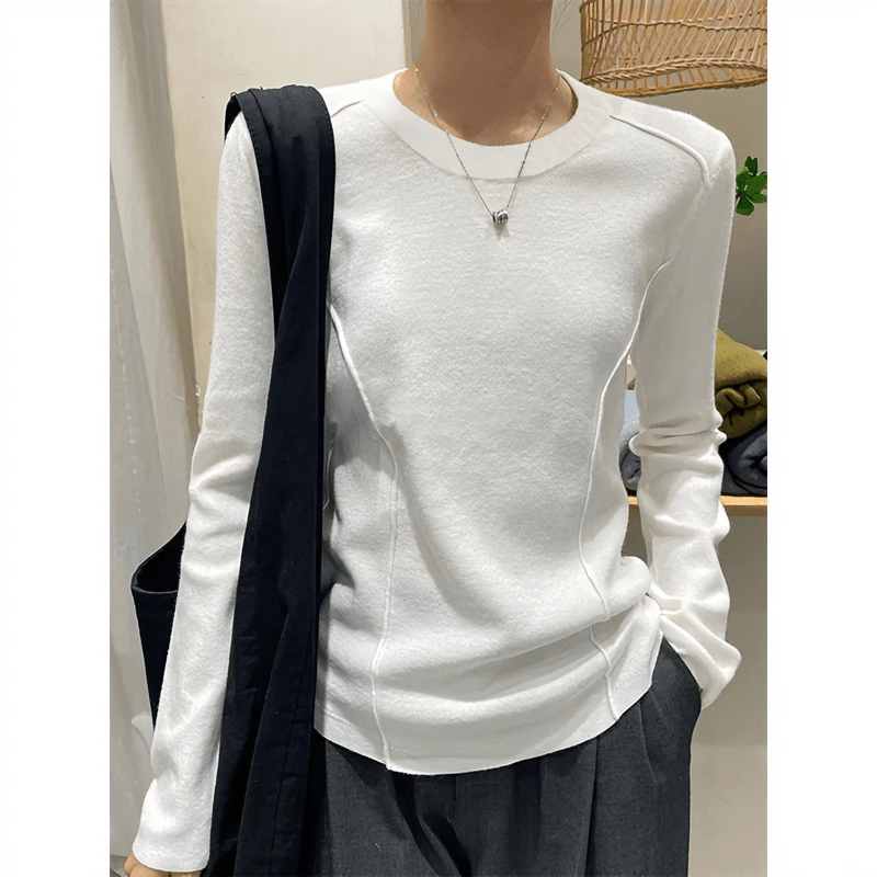 白色正肩鱼骨显瘦春秋内搭打底衫女秋冬季长袖基础款百搭T恤上衣1