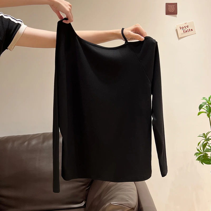 黑色纯欲斜领露肩设计感长袖T恤女早秋宽松慵懒风打底衫性感上衣