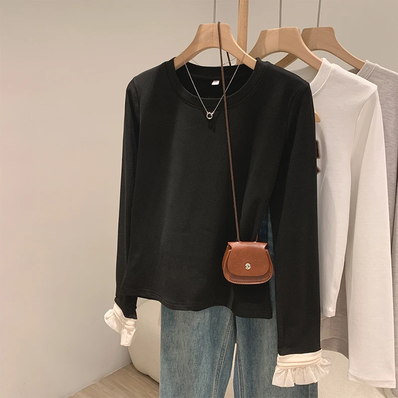 法式蕾丝花边拼接长袖打底衫女内搭T恤磨毛秋冬季加绒轻熟风上衣