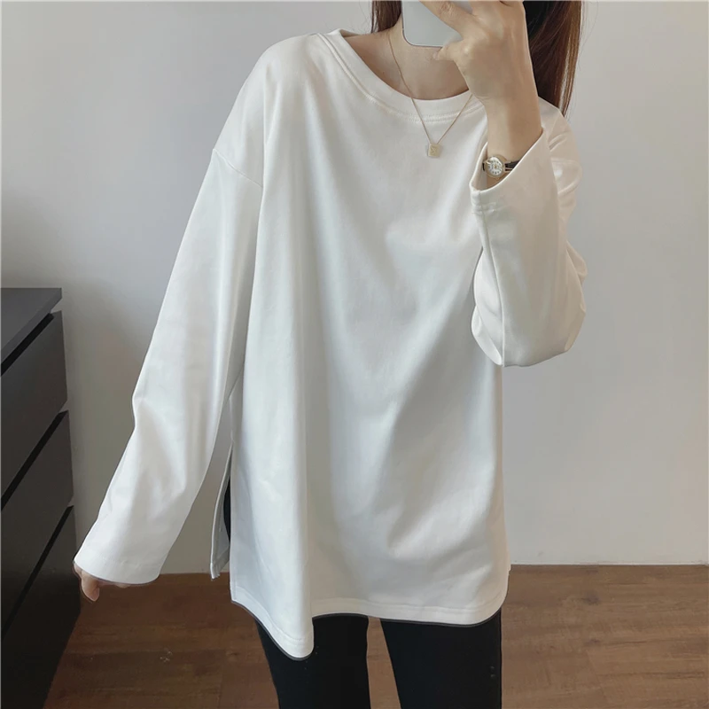 韩版圆领白色打底内搭中长款长袖德绒t恤秋冬开叉洋气遮屁股上衣