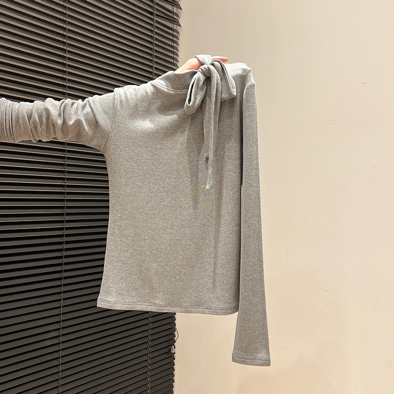 灰色高级感绑带设计磨毛加厚打底衫女内搭秋冬季洋气修身别致上衣