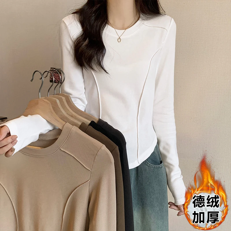 【米莱品牌专属】双面德绒加厚打底衫女内搭秋冬洋气白色长袖T上衣