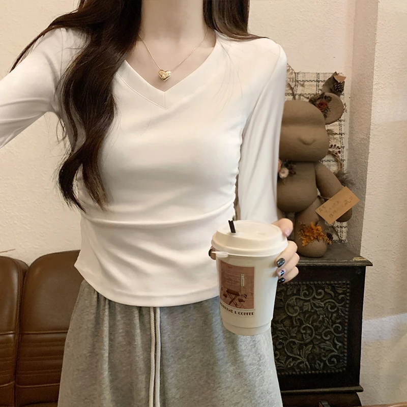 正肩V领长袖T恤女秋冬加绒上衣设计感抽褶鱼骨收腰修身内搭打底衫