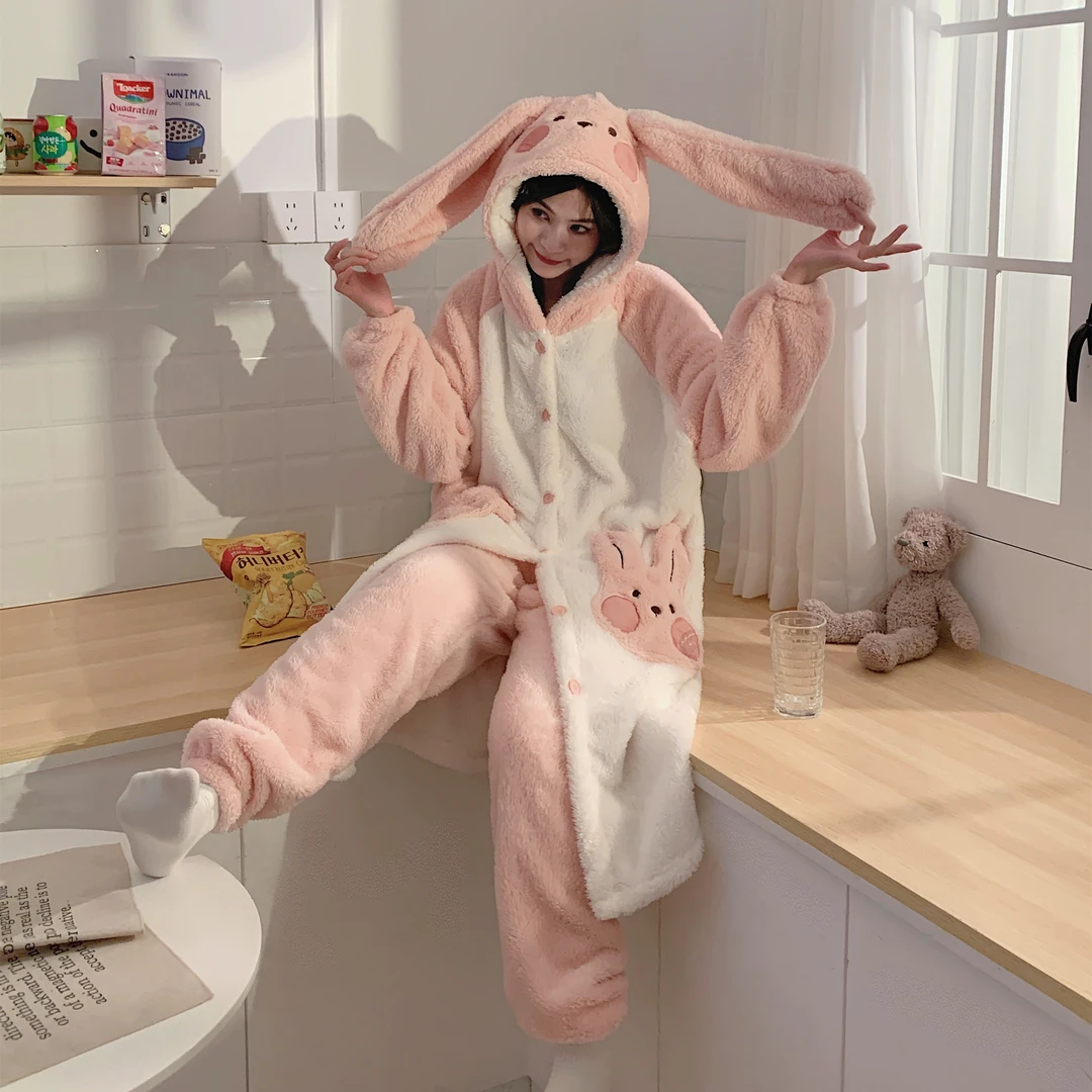 珊瑚绒睡衣女冬加绒加厚保暖连帽睡袍长款居家服可外穿家居服套装