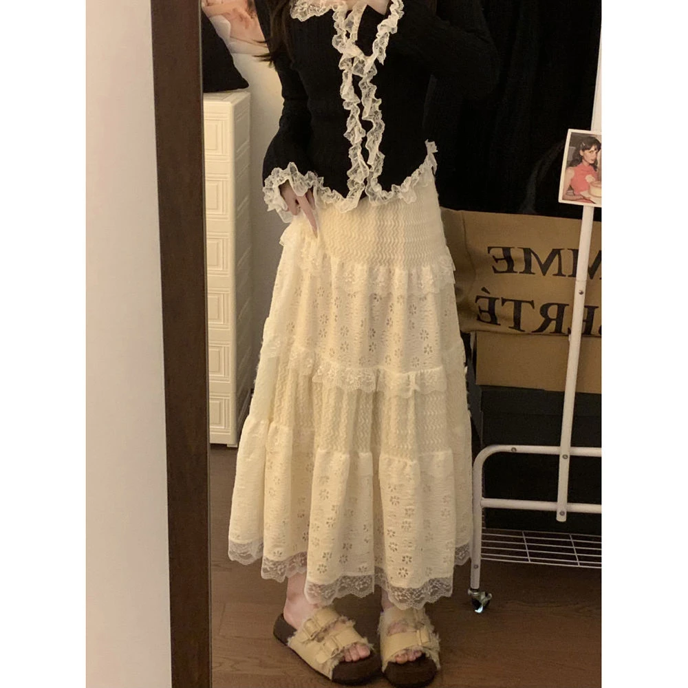 秋冬新款爆款设计感百搭韩系磨毛蕾丝拼接秋冬花边半身裙蛋糕裙