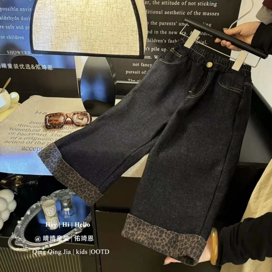 【甜饱家】女童冬季加绒一体绒牛仔裤洋气豹纹儿童休闲直筒裤长裤潮