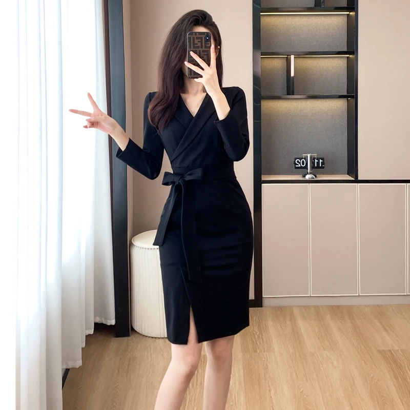 秋季长袖黑色西装连衣裙女职业裙子包臀法式时尚潮流气质连衣裙