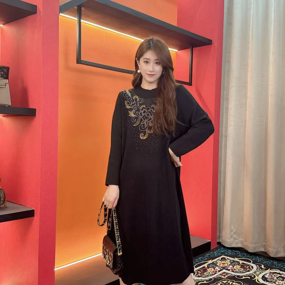 4476多金大码气质减龄长款A字裙子秋冬季女装设计感连衣裙女