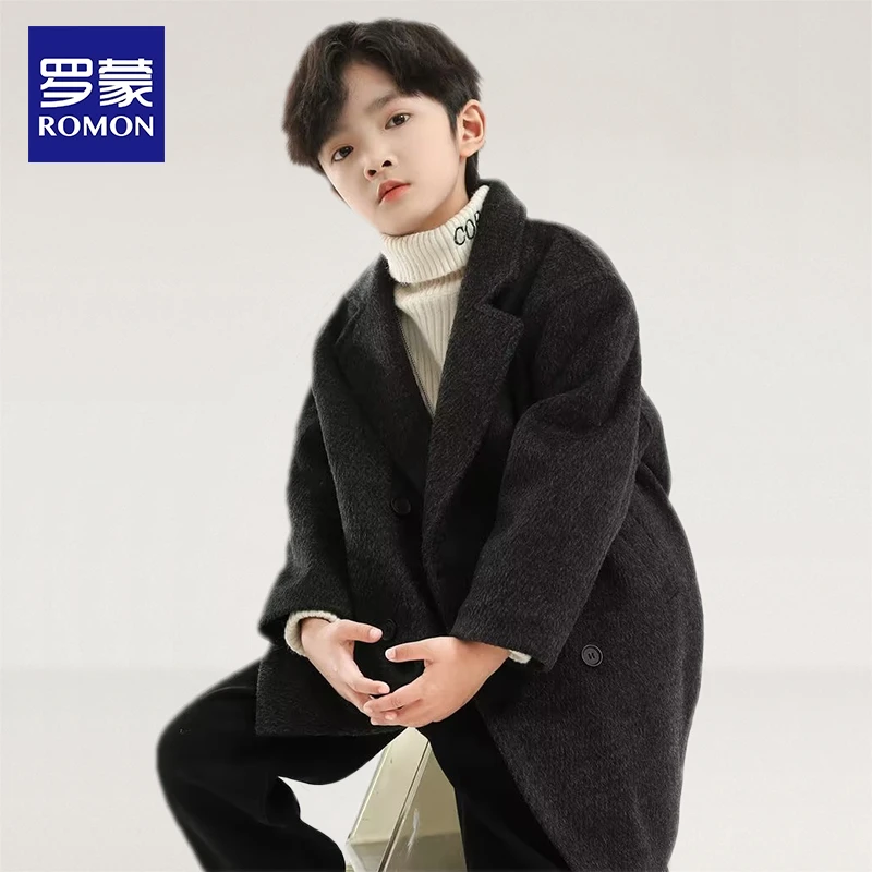 Romon/罗蒙男童毛呢大衣2025秋冬新款儿童毛呢外套加厚保暖中长款