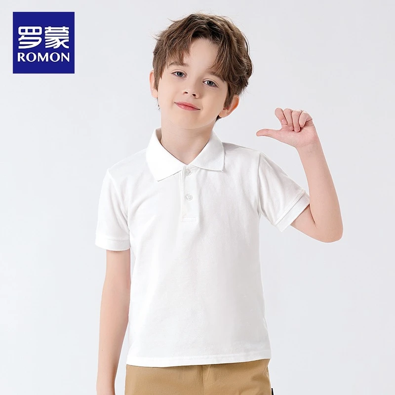 Romon/罗蒙儿童短袖Polo衫男女童镶边T桖白色校园校服春夏季内搭