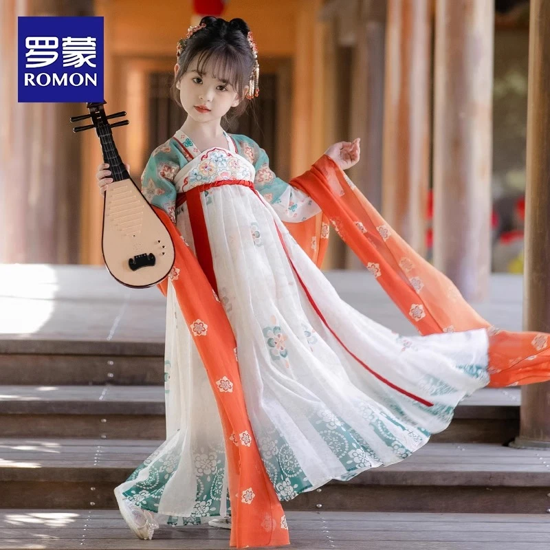 Romon/罗蒙汉服女童古装敦煌连衣裙国风儿童唐装襦裙古风超仙春秋