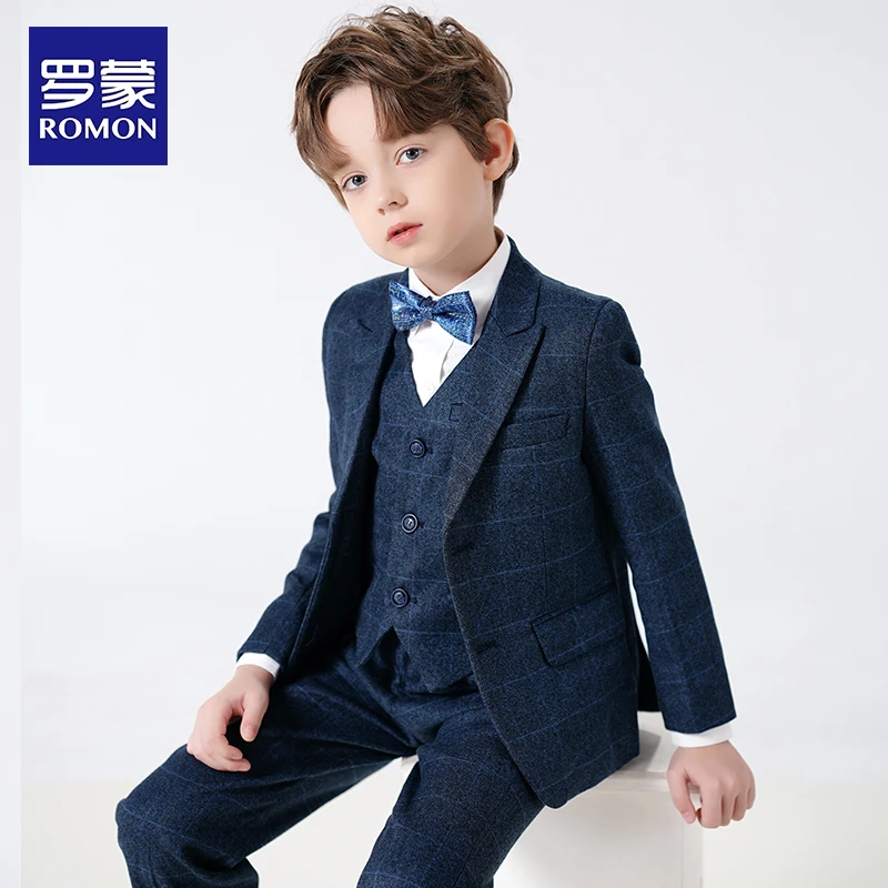 Romon/罗蒙儿童西装套装加绒中大童西服套装大童秋冬男宝周岁礼服