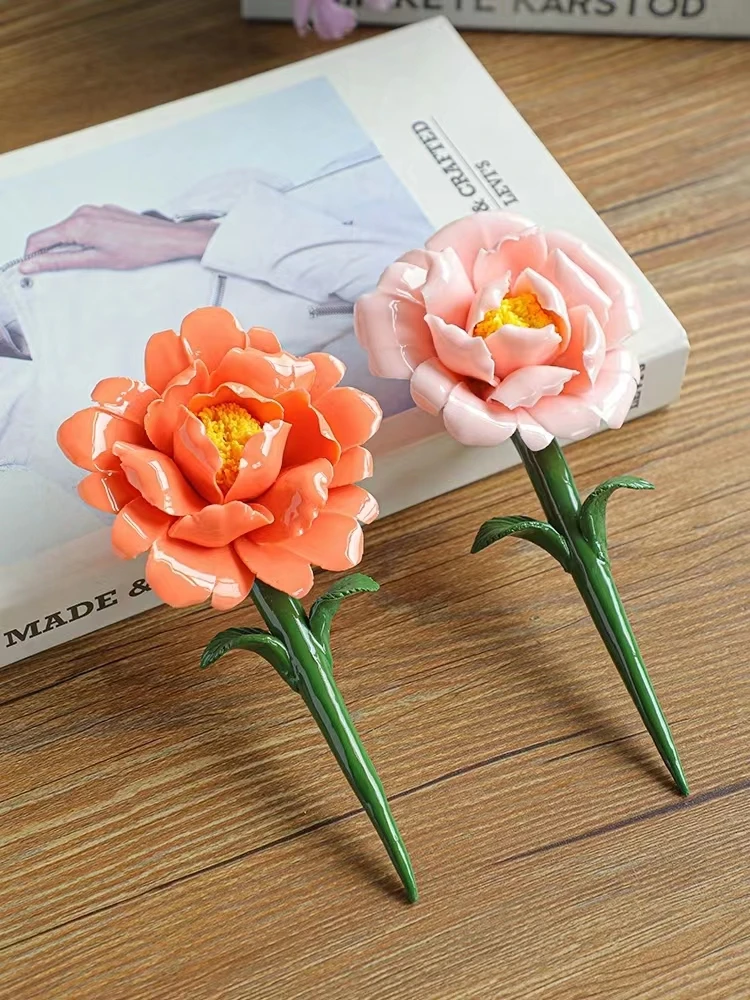 陶瓷花朵手工捏制花瓶花器花插玫瑰花牡丹花家居卧室桌面装饰摆件