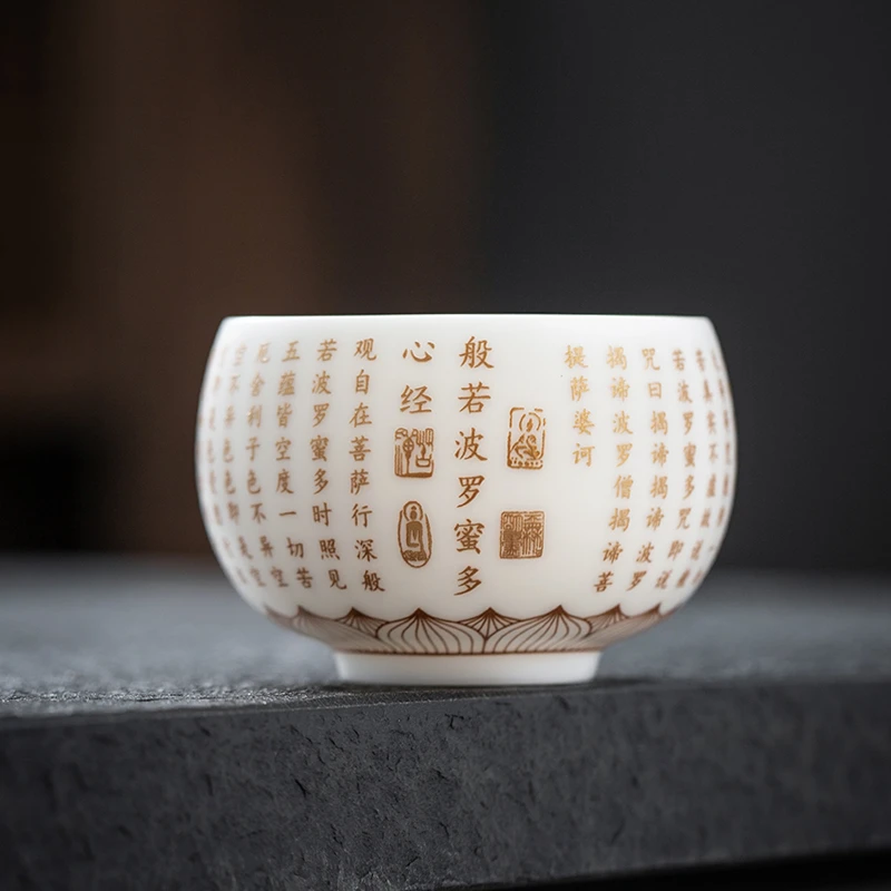 羊脂玉瓷德化白瓷茶杯大号心经杯功夫茶具陶瓷主人杯品茗杯描金