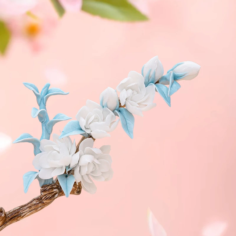 陶瓷手捏花摆件栀子花创意家用送礼办公室客厅纯手工花陶瓷花摆饰