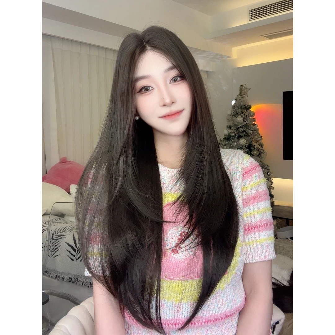 舒芸子黑棕色中分小额蕾丝直发舒芸子假发自然蓬松全头套式
