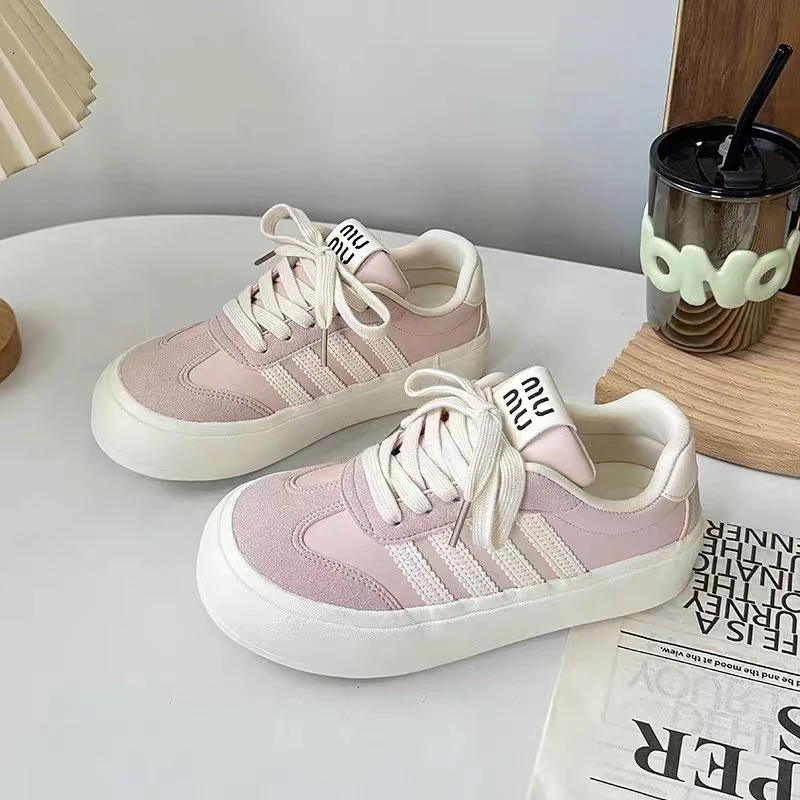 TP397粉色厚底德训鞋女2024新款百搭透气休闲鞋圆头潮流风小白鞋