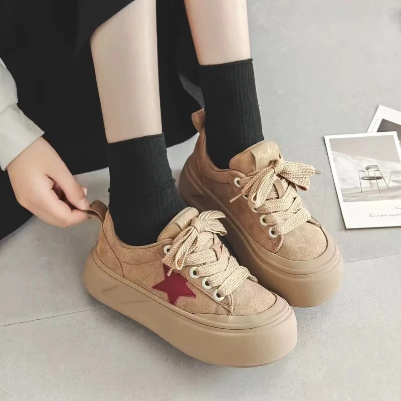 A165 卡其 美式复古厚底面包鞋女2024秋冬新款百搭增高大头板鞋