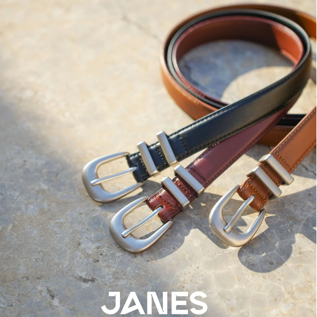 JANES基础款复古做旧牛皮皮带银扣女士真皮腰带重工百搭牛皮女