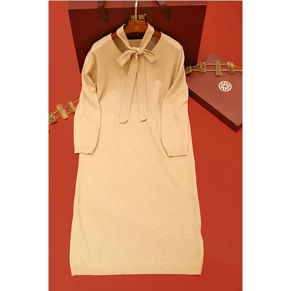 韵歌100%山羊绒V领宽松系腰带优雅女人味连衣裙中长款针织女14109