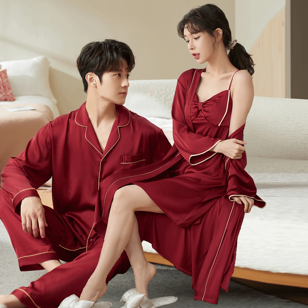 情侣睡衣套装结婚新婚红色冰丝女士晨袍男士长袖性感新款家居服