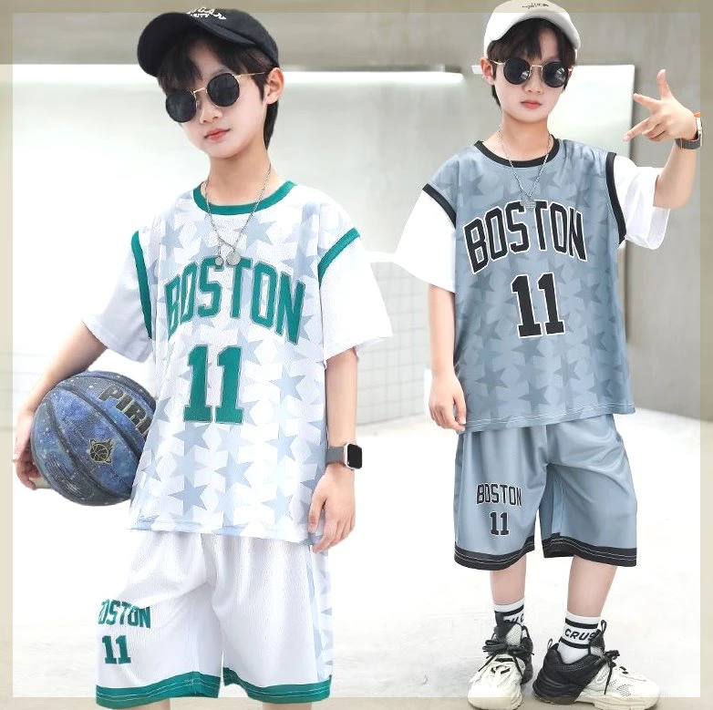 男孩夏装夏季儿童透气速干运动洋气潮流学生篮球服2024新款假两件