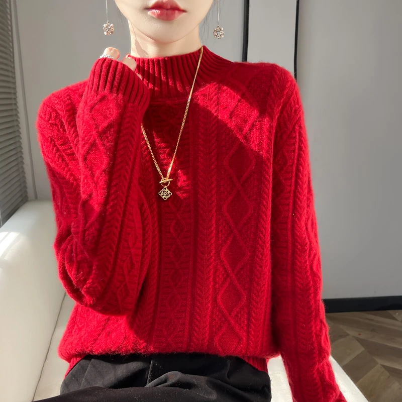 24年春款!~加厚加厚  秋冬季厚款绞花半高领打底衫宽松百搭