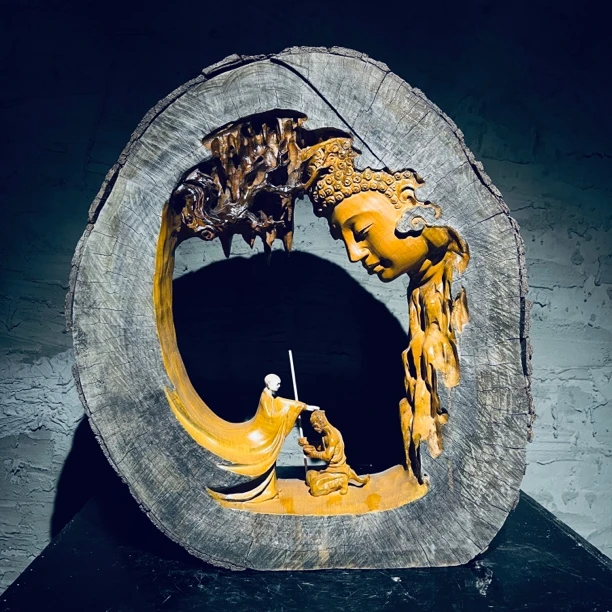 【刻禅出品】恩师点化人生 樟木木雕手工禅意根雕摆件 长50宽20高60