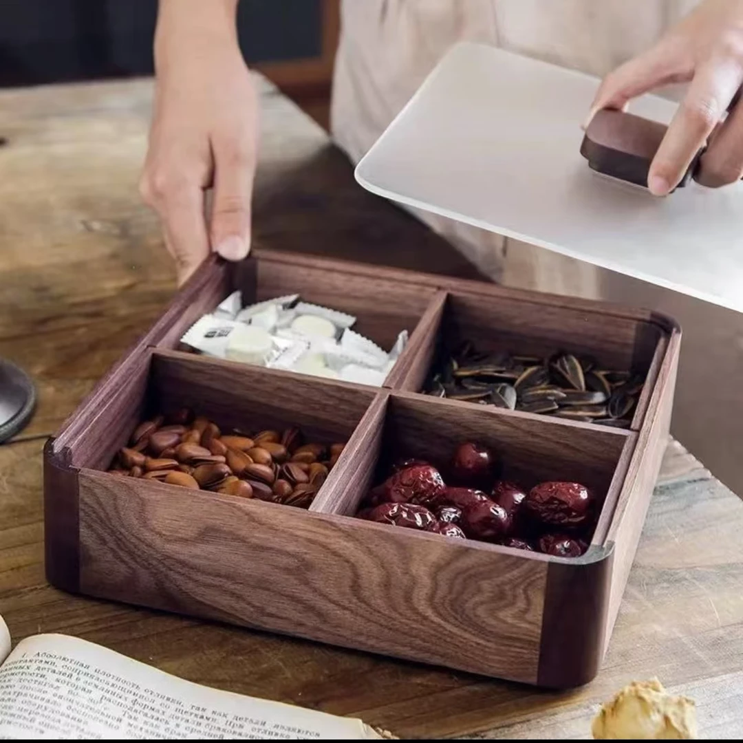 北美黑胡桃圆角大号四格果盒直径25cm高度7cm  HHT-02