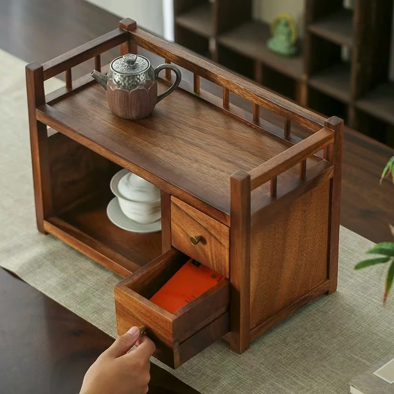 南美胡桃木双抽屉收纳柜架40*19*27cm茶柜中式家用客厅储物泡茶桌