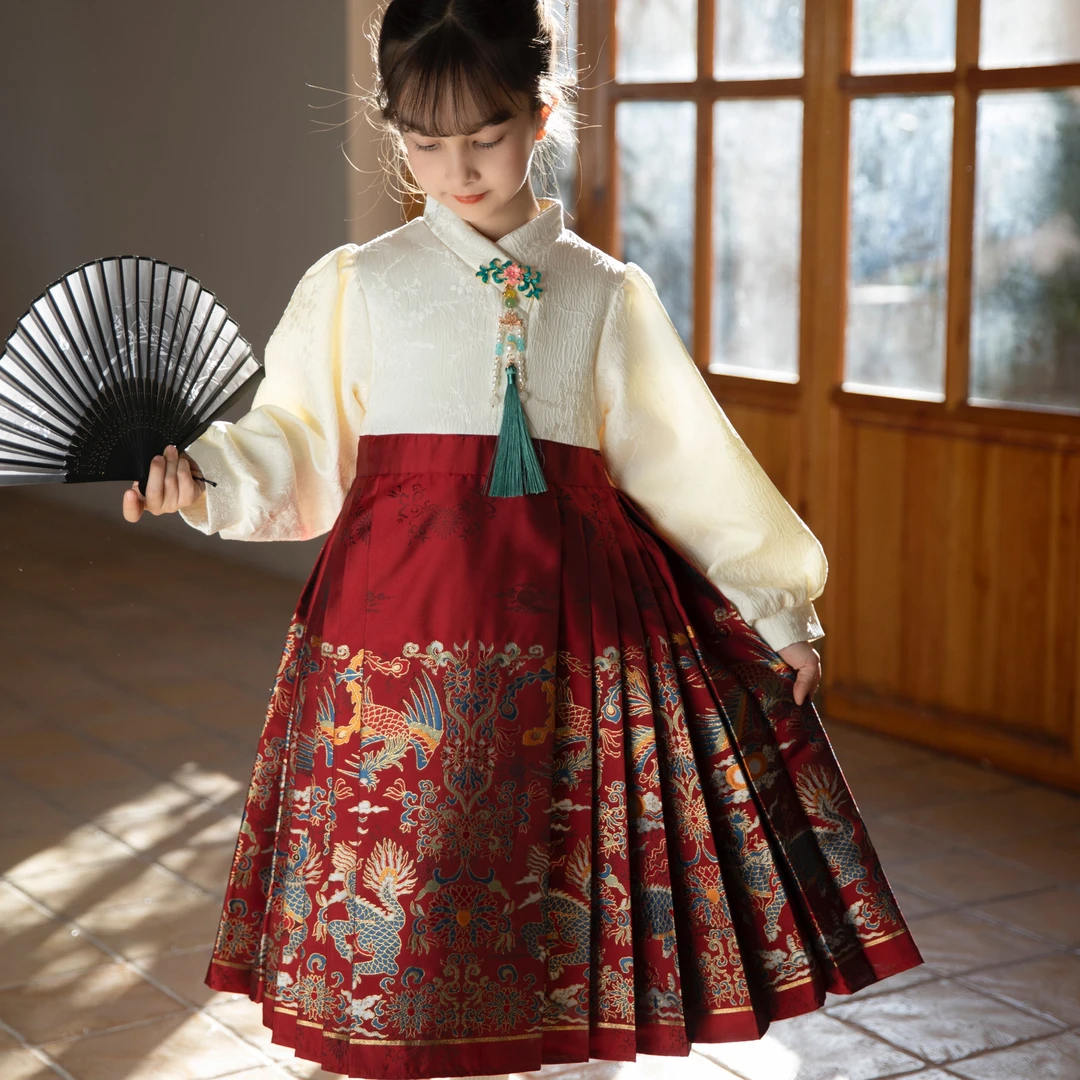龙凤呈祥马面裙套装冬季新款2023女童儿童洋气古风裙子古装国风