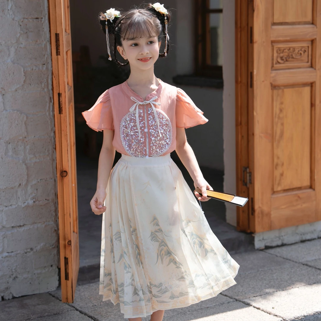 橘子山水马面裙套装春季新款24女童儿童古风裙子古装仙气国风裙