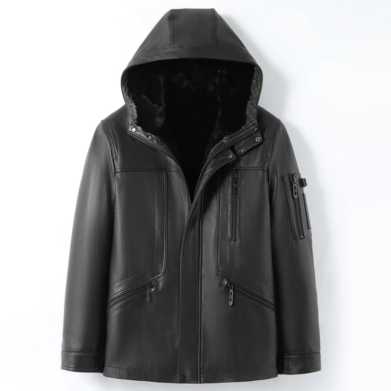男士皮毛一体连帽冬季保暖青年短款山羊皮羊羔毛真皮皮衣夹克外套