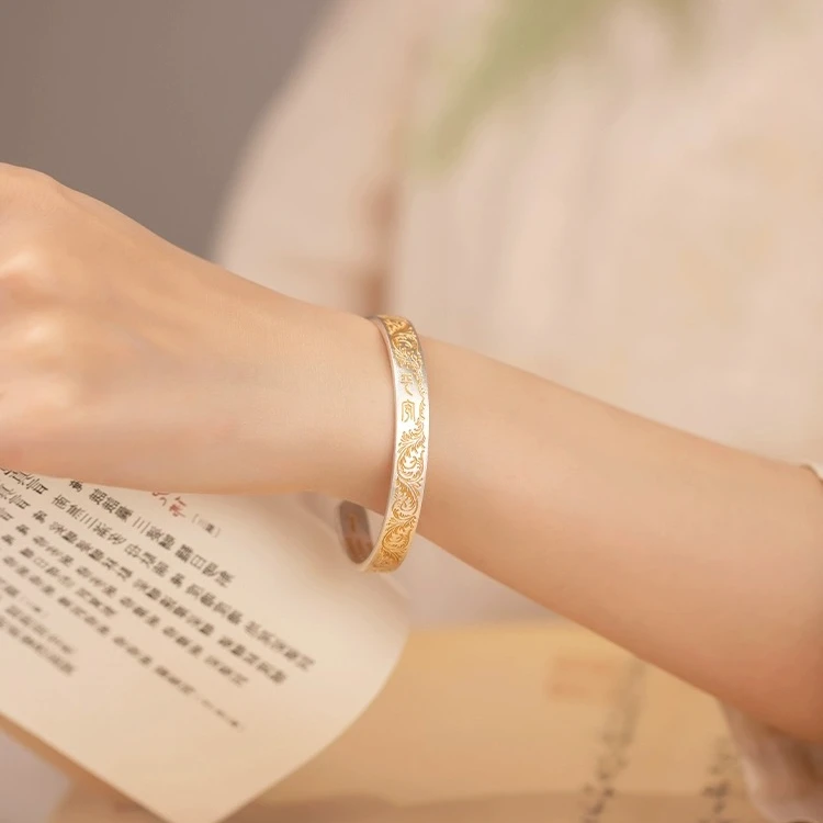 足银手镯 足银999.9时尚气质描金平安喜乐手镯【克重约30克左右】