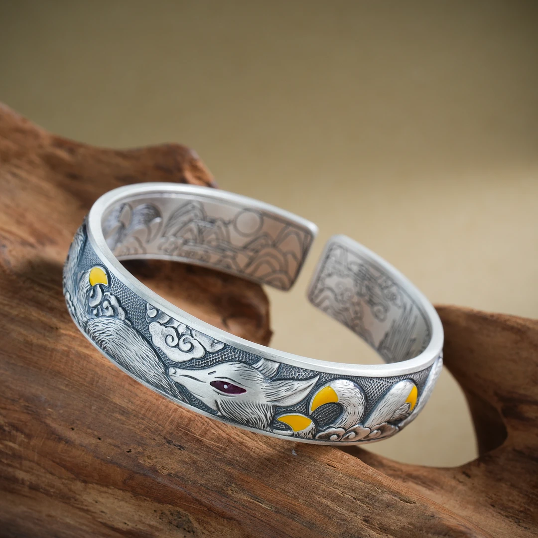 足银手镯 【首发款】足银999.9新款手工九尾狐纯手工实心手镯独原创