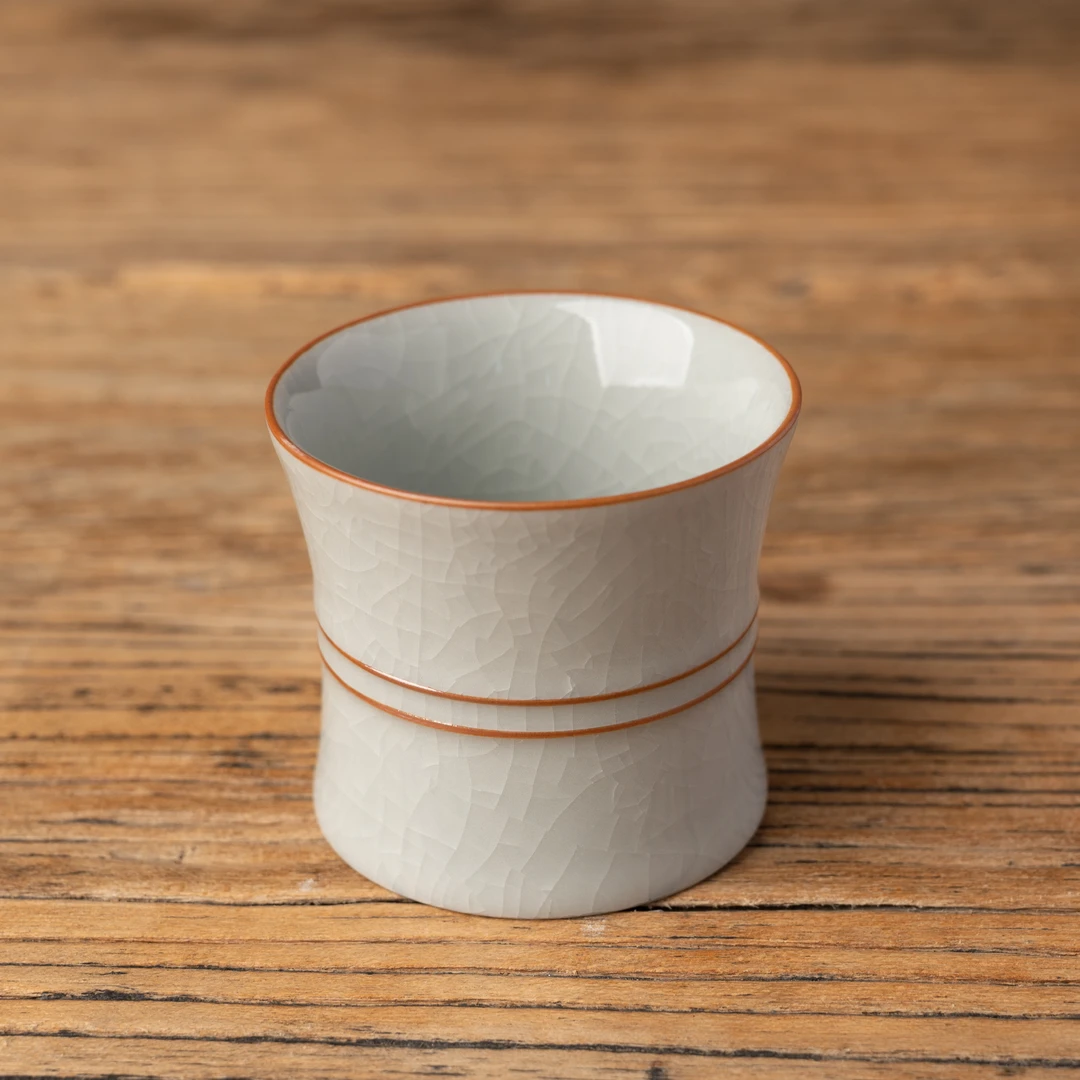 赵运圈月白玄纹束腰杯竹节支钉烧手工釉原产地汝窑汝瓷主人杯