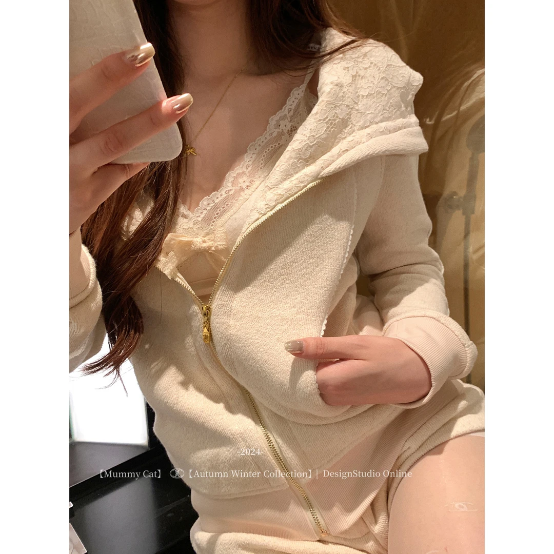 MummyCat下蛋喵【松岛悠悠子】蕾丝蝴蝶结打底针织吊带/长袖上衣