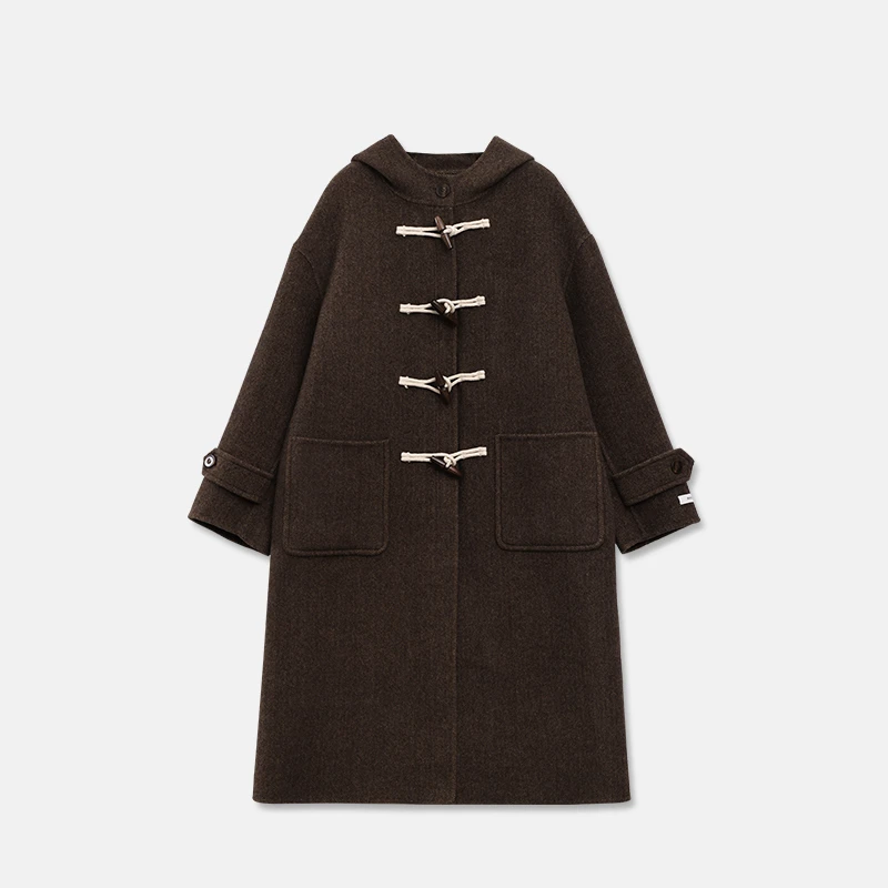 YM 509 时尚休闲羊毛连帽毛呢中长款设计师经典双面呢羊毛大衣