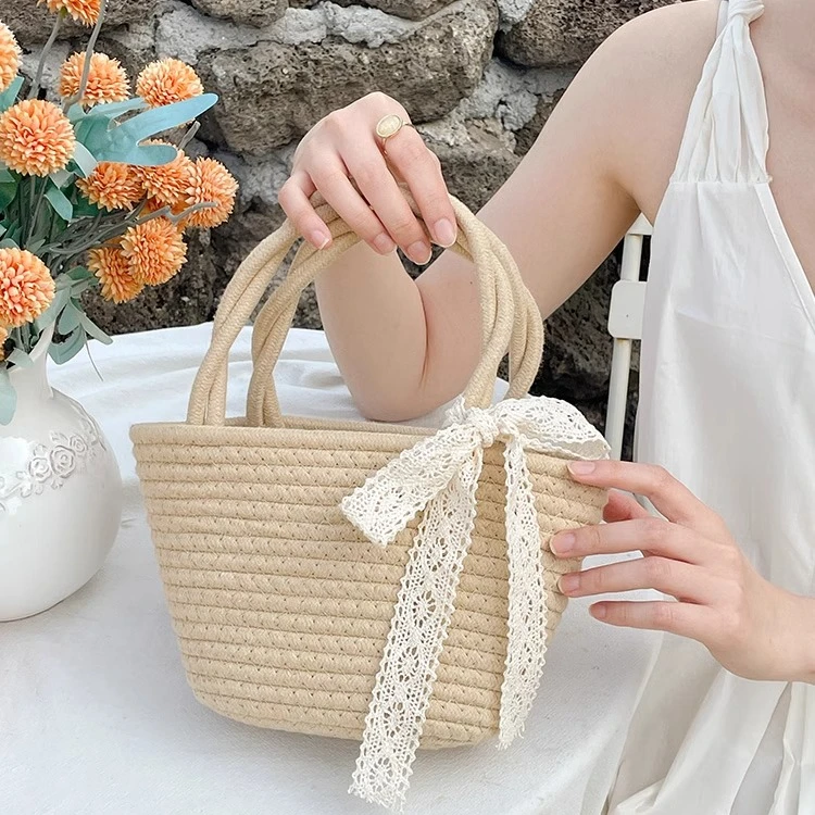 手提包女丝带草编包手工野餐沙滩包手拎编织包居家日用套装