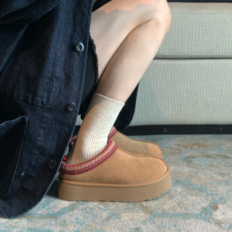 秋冬保暖gigi同款厚底雪地靴拖鞋民族风毛毛拖鞋女真皮外穿靴子