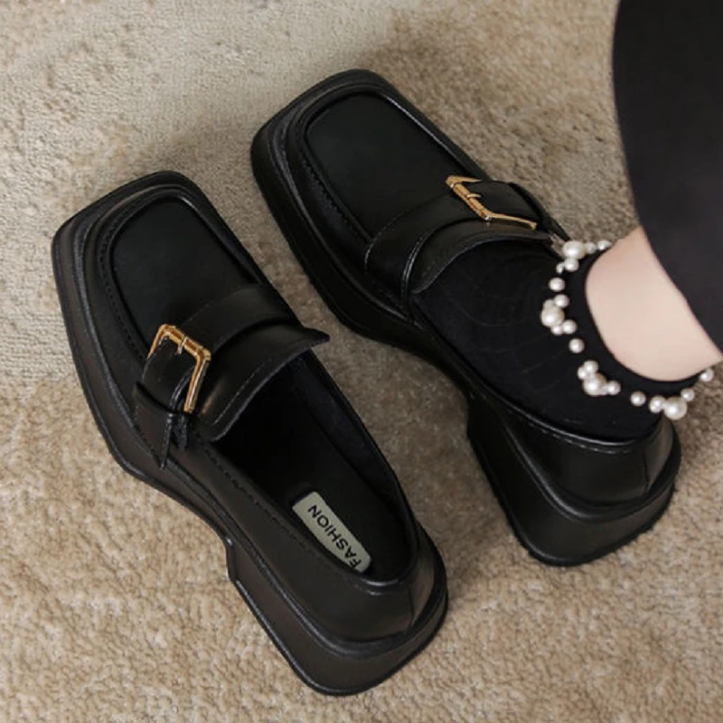 XD30粗跟英伦风小皮鞋女秋乐福鞋女2024年新款一脚蹬女鞋