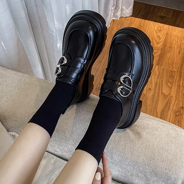8078小皮鞋女2024秋季新款百搭一脚蹬厚底增高乐福鞋英伦风单鞋