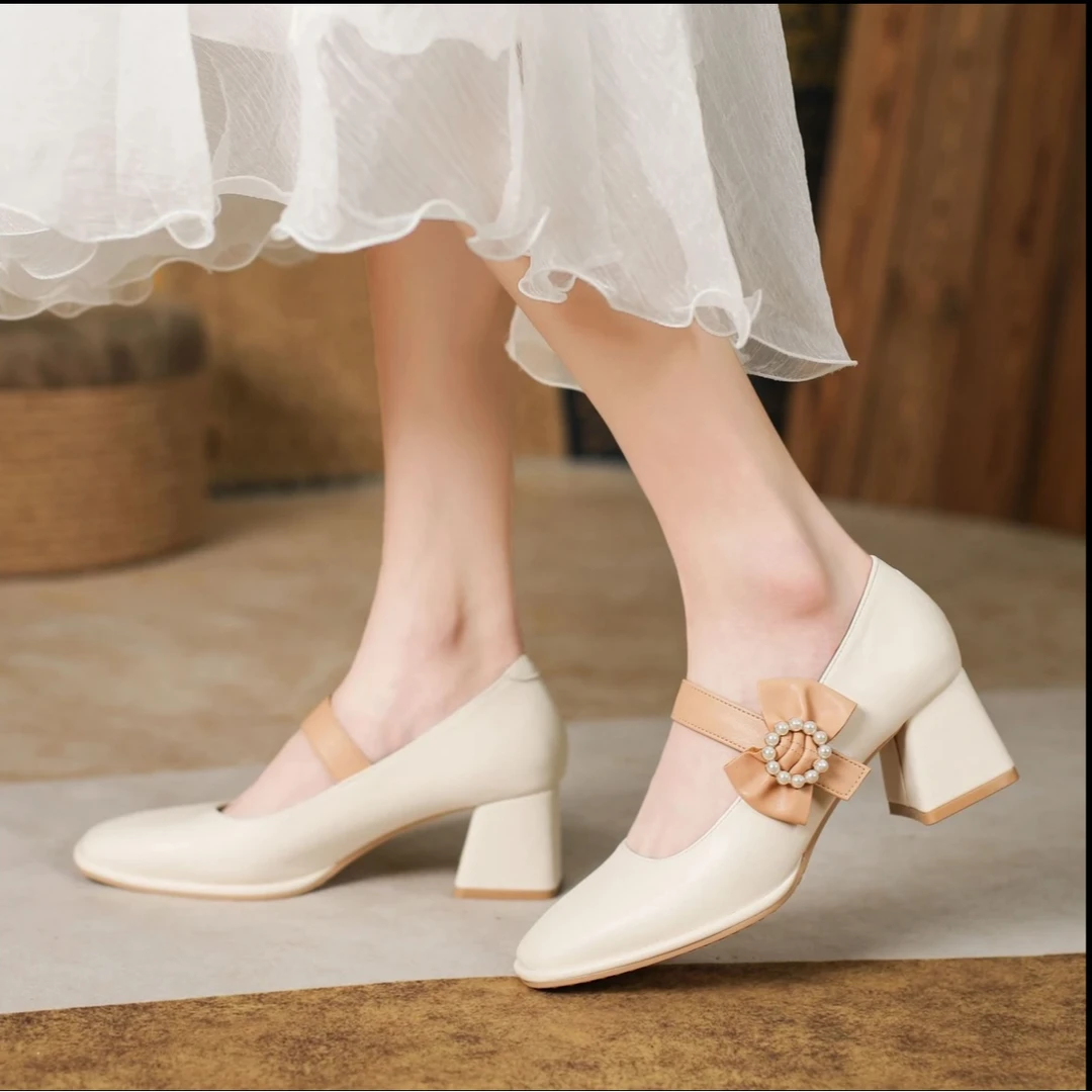 8888-20玛丽珍女鞋2024新款百搭蝴蝶结粗跟方头中跟浅口法式单鞋