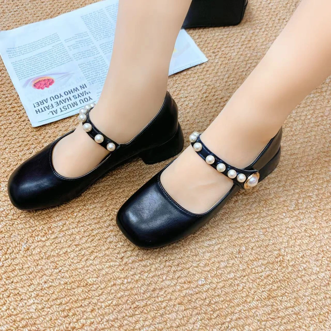 XD986新款中跟方头粗跟浅口百搭时尚玛丽珍女鞋