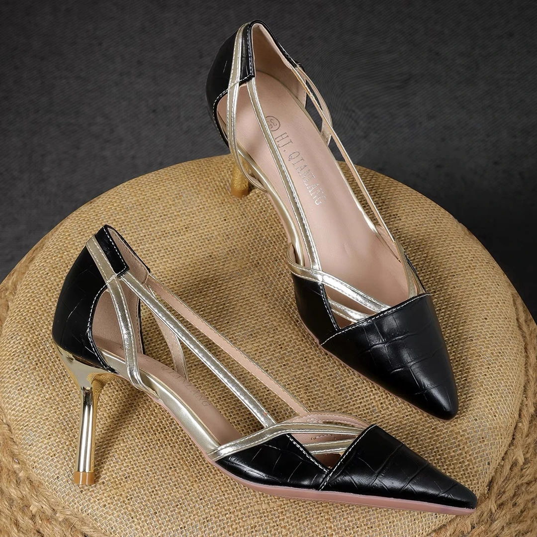 2308-7夏季2024新款尖头拼色时尚细跟高跟百搭浅口休闲气质凉鞋