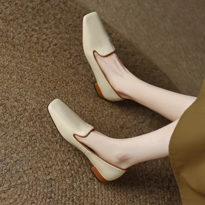 H933-2简约方头乐福鞋女新款软皮粗低跟中口单鞋小皮鞋