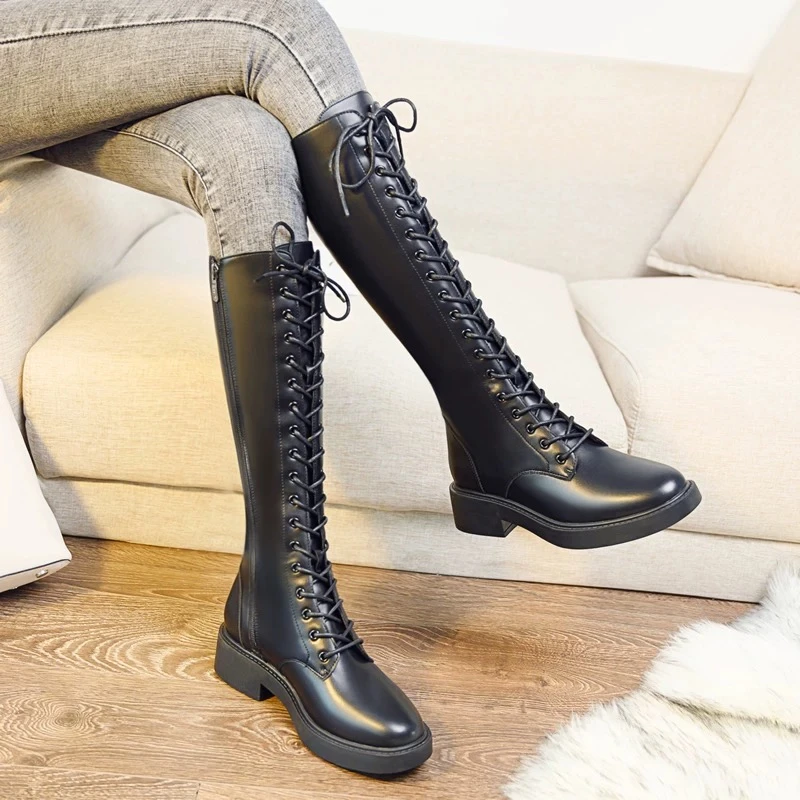 3151厚底不过膝长靴女英伦风系带骑士靴秋冬高筒靴百搭显瘦