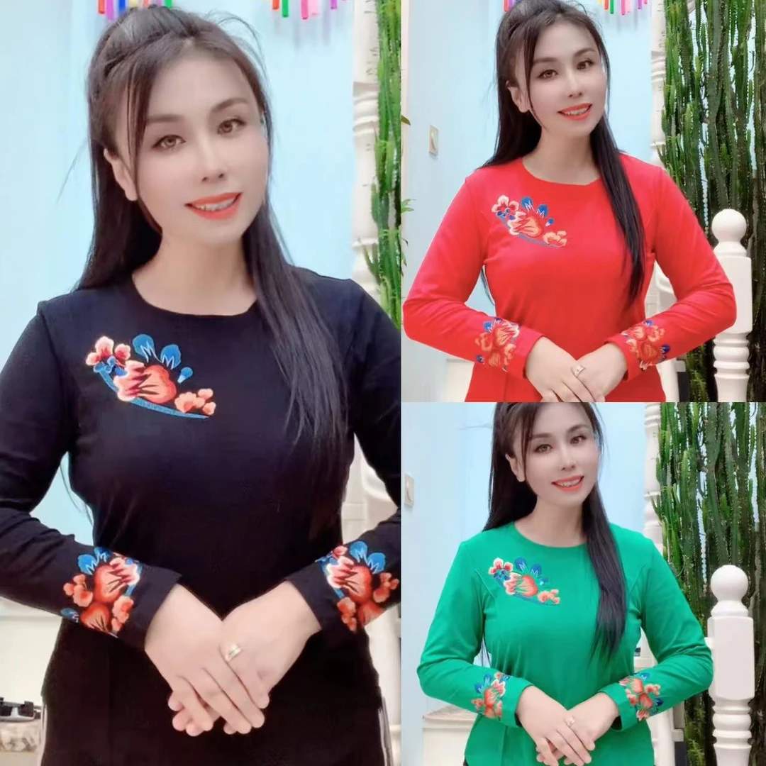 （衣长56左右）民族风圆领刺绣显瘦T恤上衣58621